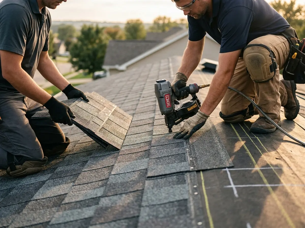 Professional roofer working on a residential roof in Ridgewood village